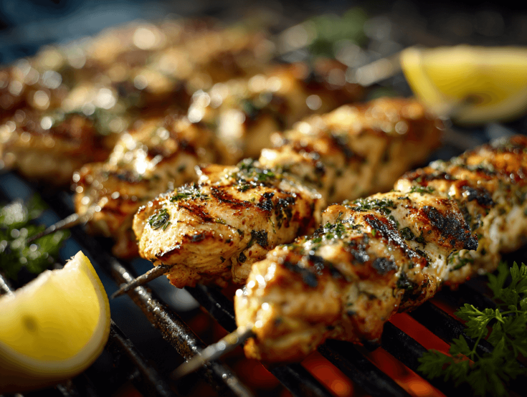 Greek Yogurt Marinated Chicken Skewers on the grill