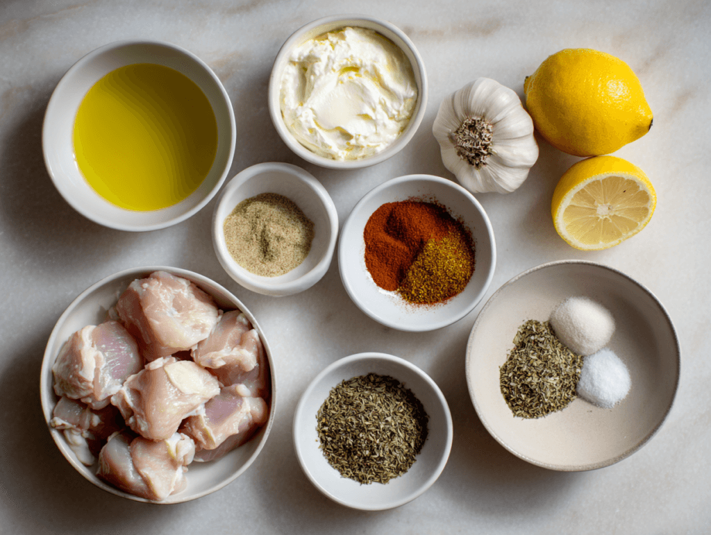 Ingredients for Greek Yogurt Marinated Chicken Skewers