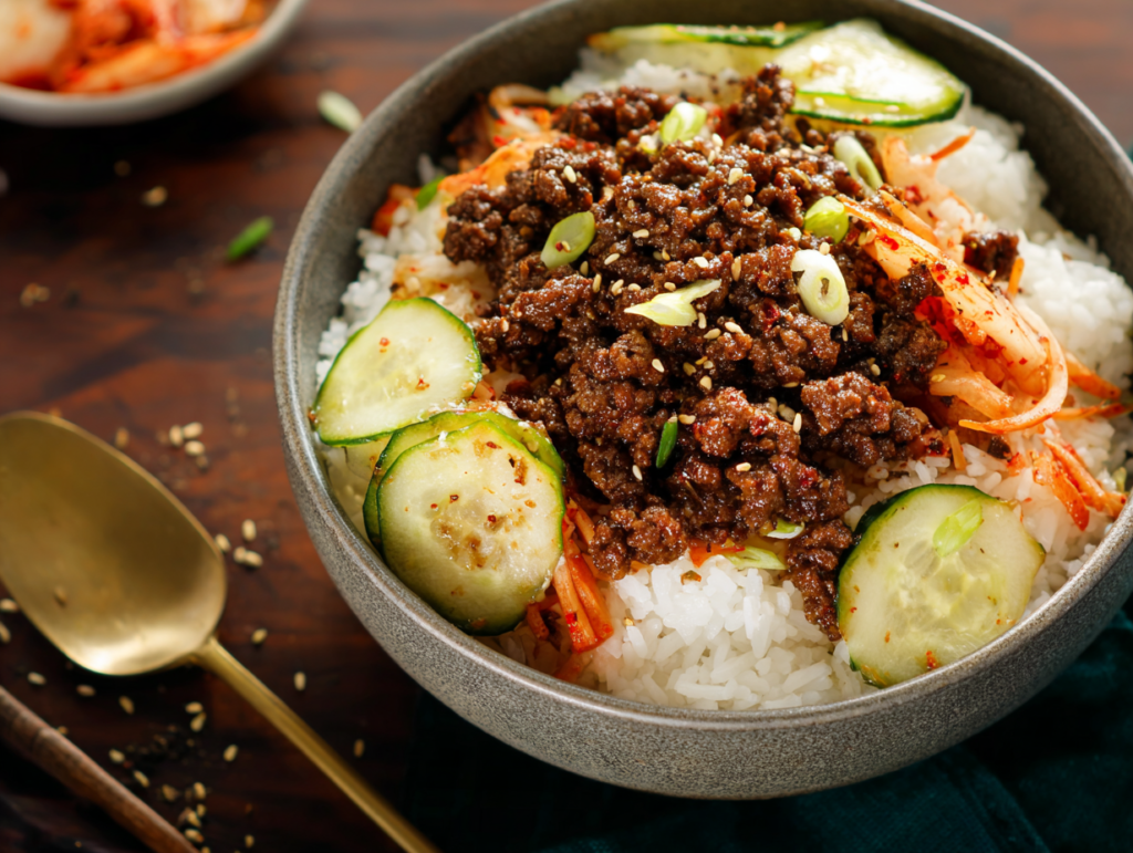 Ground Beef Bulgogi Bowls with rice and crunchy toppings