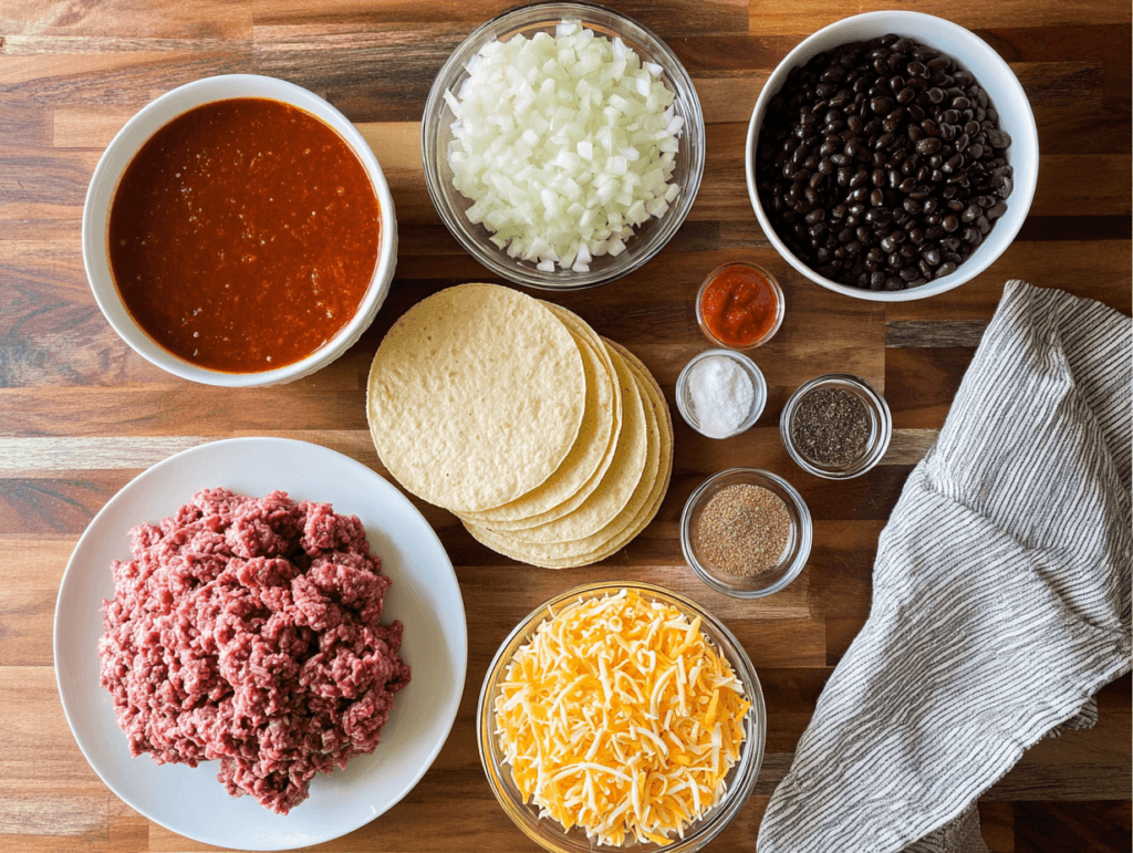 Ground Beef Enchilada Casserole: Easy, Cheesy Weeknight Favorite 2 Ingredients for ground beef enchilada casserole on a wooden table