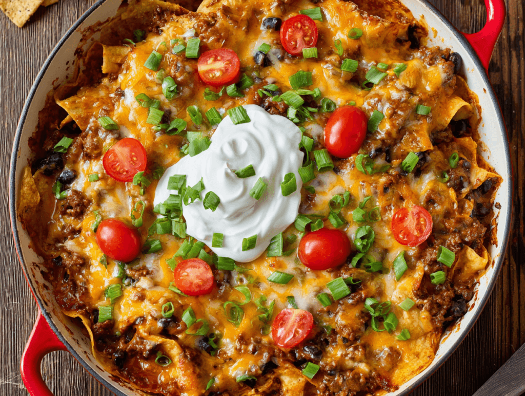 Ground Beef Enchilada Casserole: Easy, Cheesy Weeknight Favorite 3 Ground beef enchilada casserole topped with sour cream, tomatoes, and green onions
