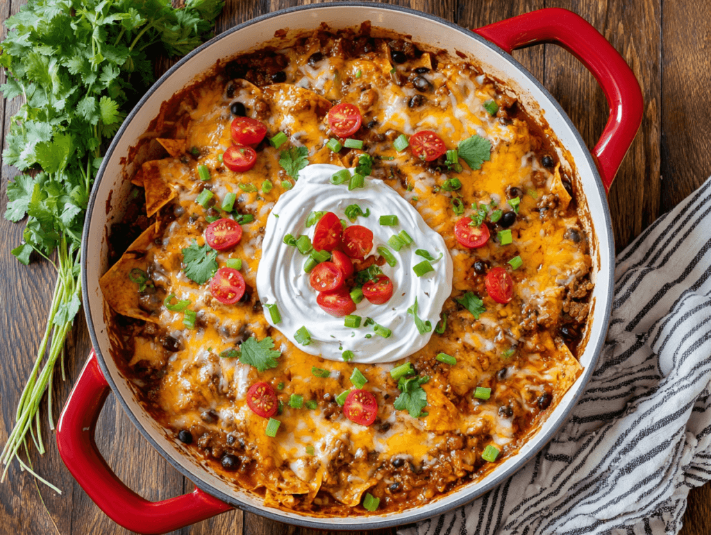 Ground beef enchilada casserole in a skillet topped with sour cream and tomatoes