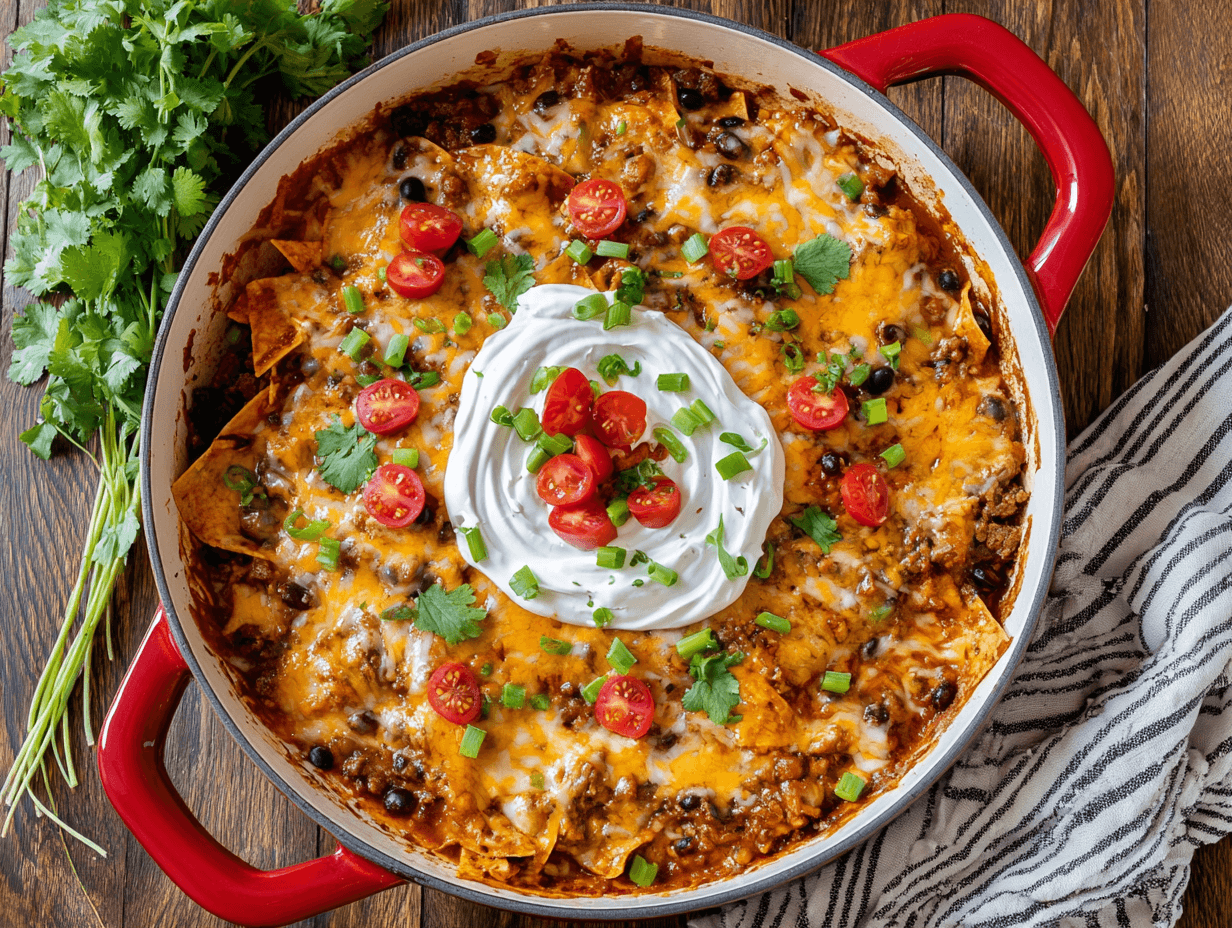 Ground Beef Enchilada Casserole: Easy, Cheesy Weeknight Favorite 4 Ground beef enchilada casserole in a skillet topped with sour cream and tomatoes