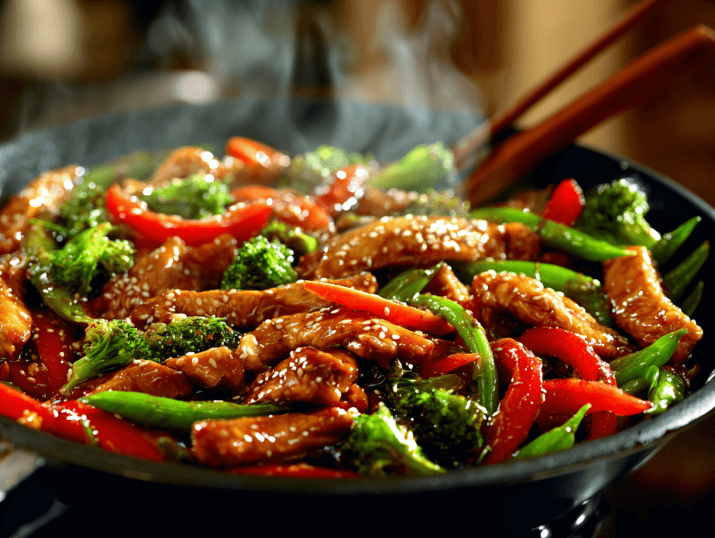 Healthy Sesame Ginger Chicken Stir-Fry in a skillet with vegetables