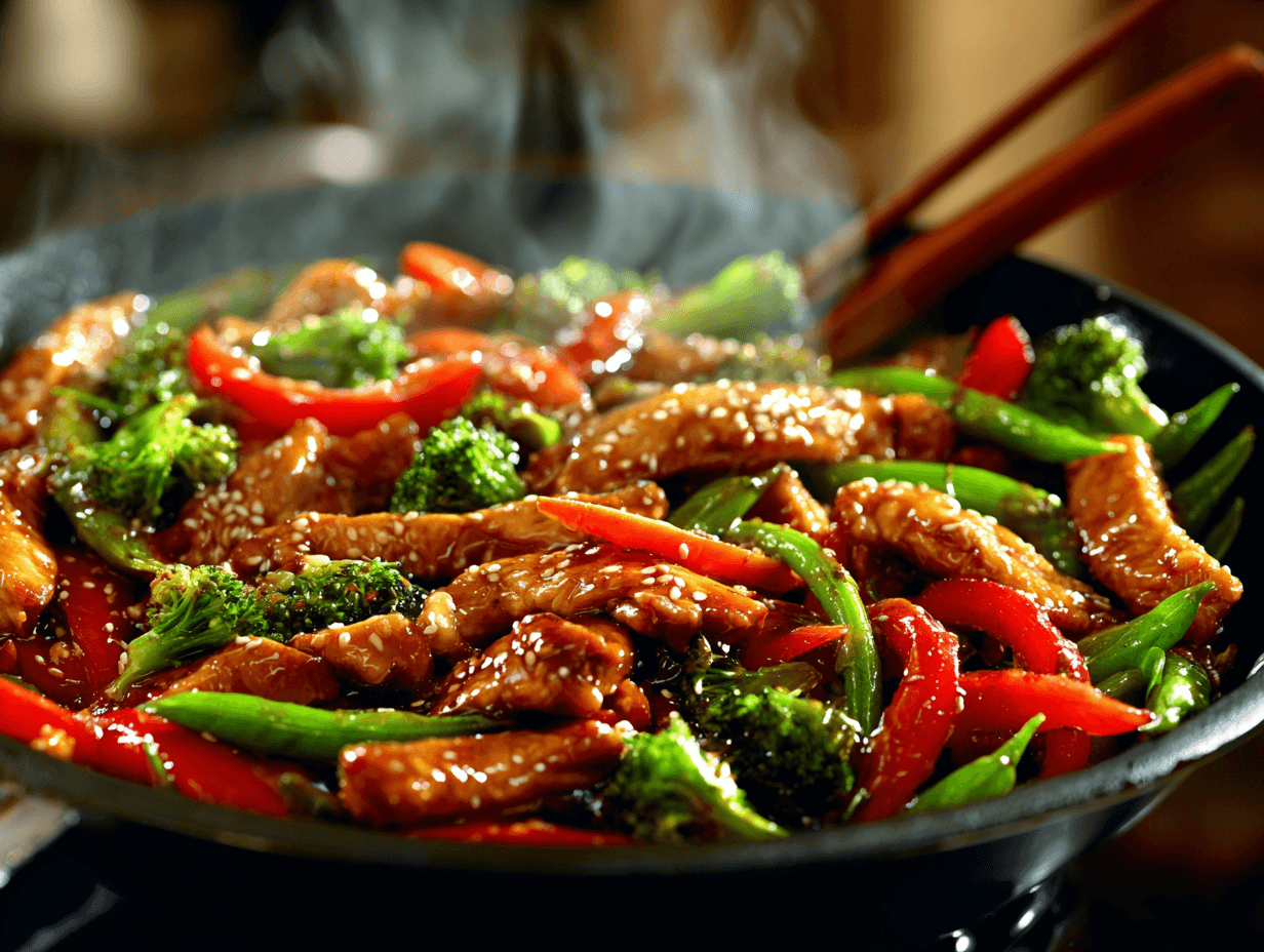 Healthy Sesame Ginger Chicken Stir-Fry That Feels Light and Satisfying 4 Healthy Sesame Ginger Chicken Stir-Fry in a skillet with vegetables