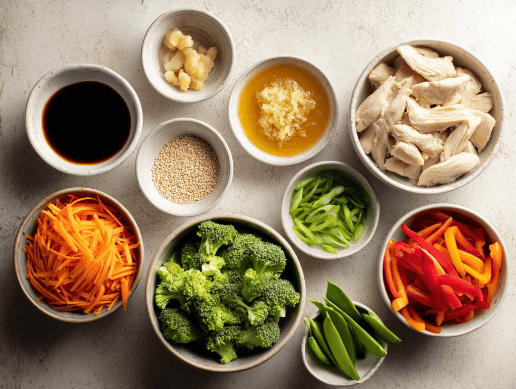 Healthy Sesame Ginger Chicken Stir-Fry That Feels Light and Satisfying 2 Healthy Sesame Ginger Chicken Stir-Fry ingredients arranged overhead