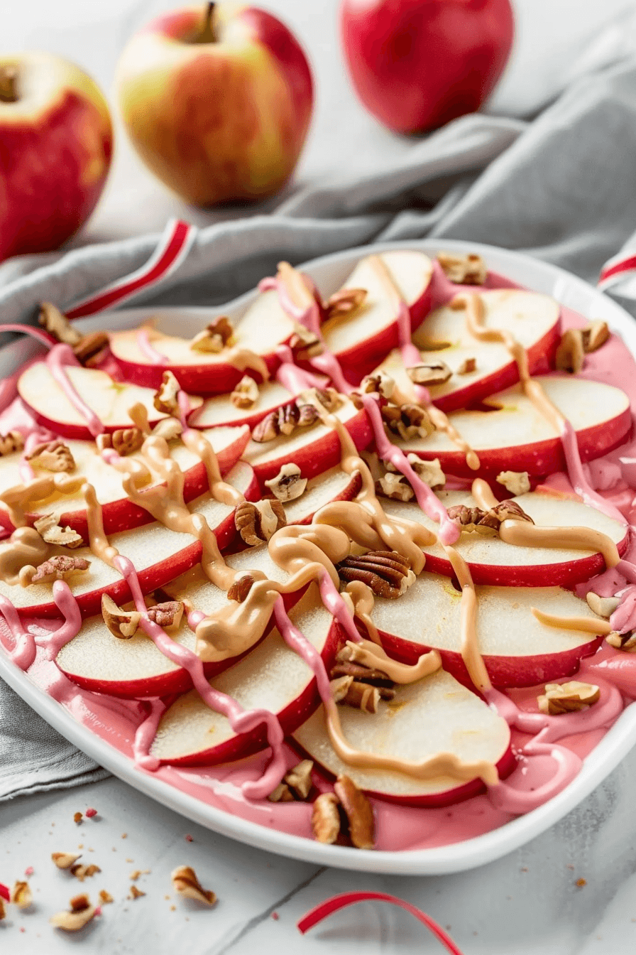 healthy-valentines-day-treats-apple-nachos Healthy Valentine’s Day treats made with apple nachos drizzled with almond butter and strawberry yogurt