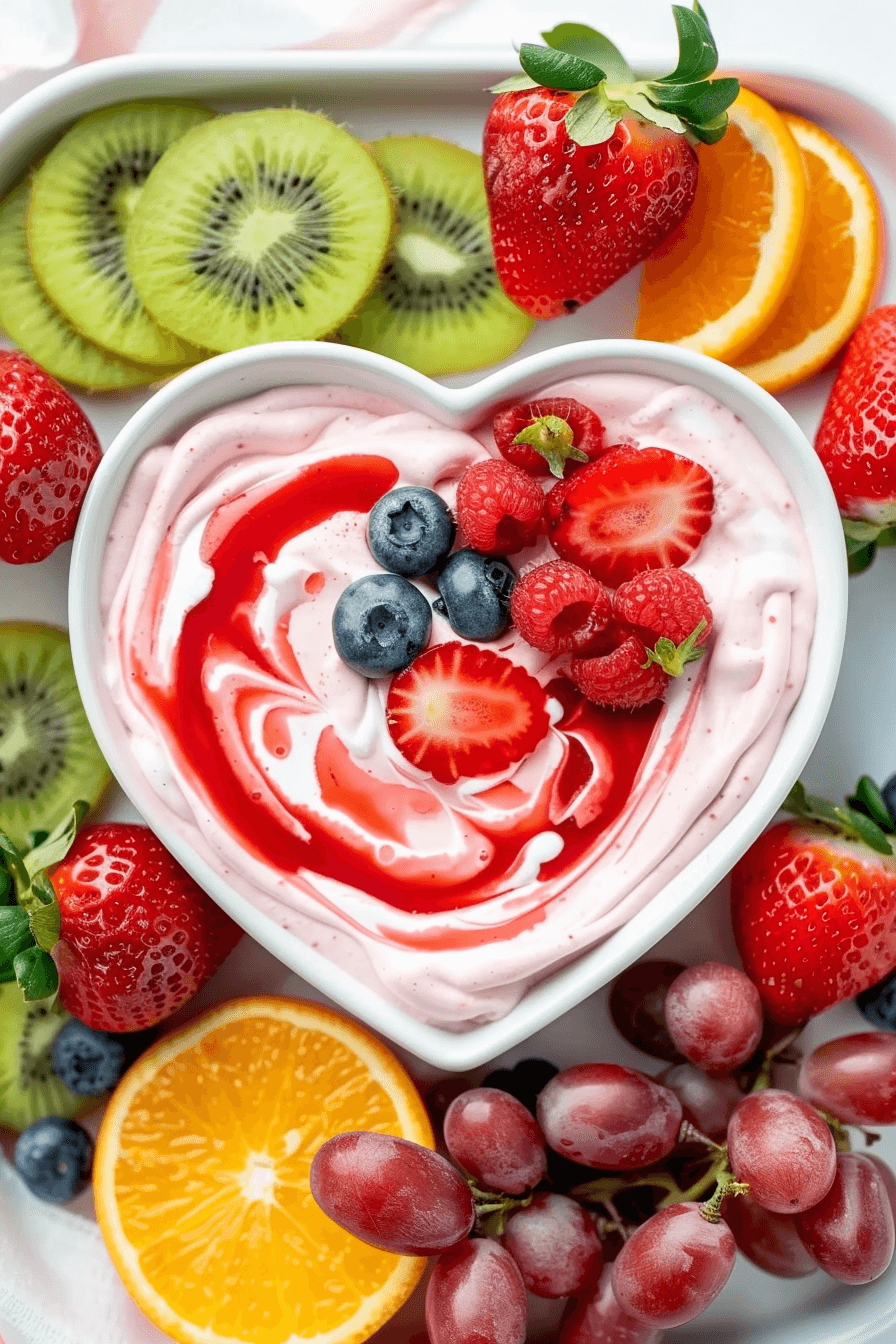 healthy-valentines-day-treats-coconut-yogurt-strawberry-dip Healthy Valentine’s Day treats with coconut yogurt strawberry dip served in a heart-shaped bowl with fresh fruit