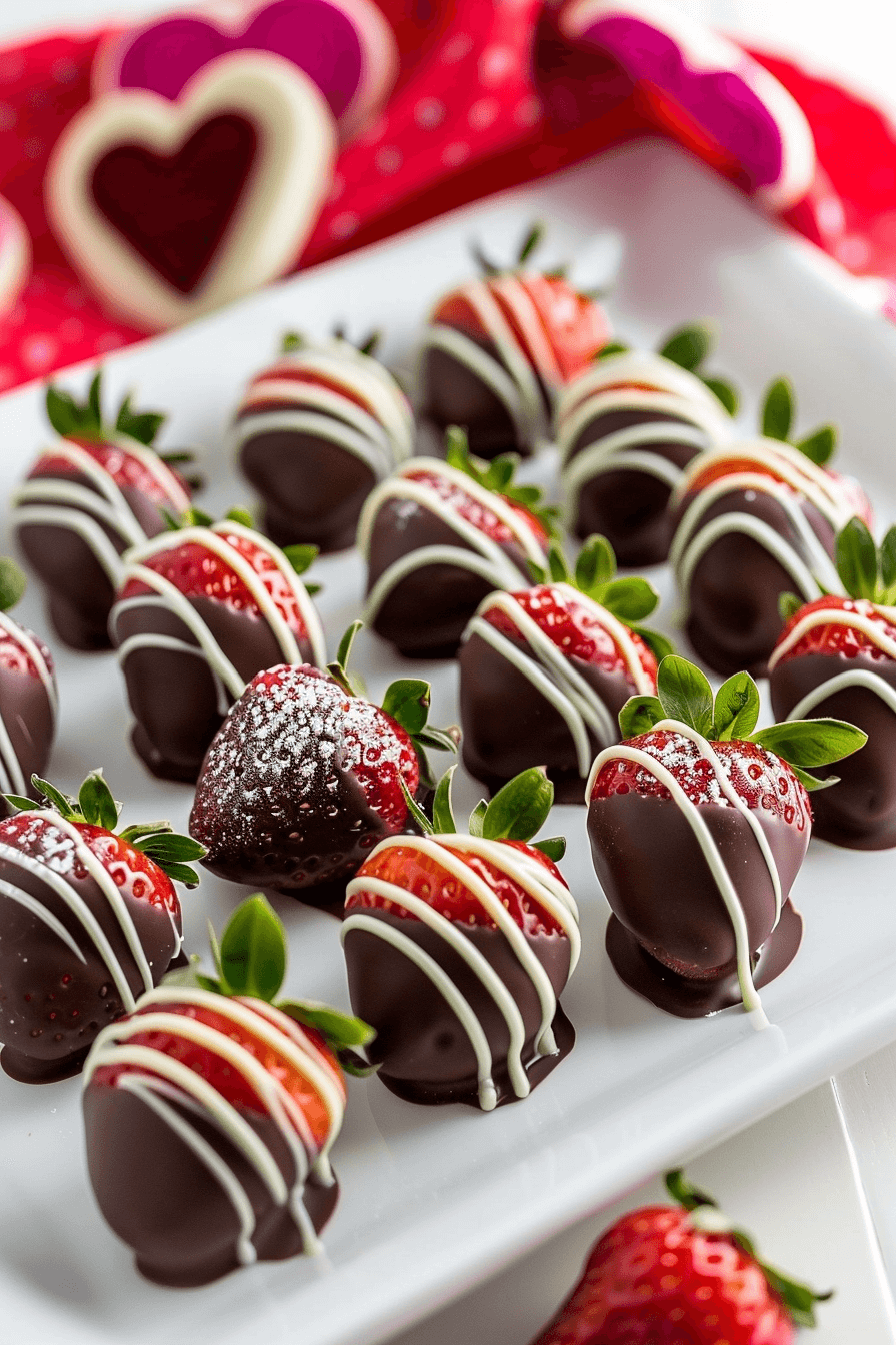 healthy-valentines-day-treats-dark-chocolate-strawberries Healthy Valentine’s Day treats made with dark chocolate covered strawberries decorated with white chocolate drizzle
