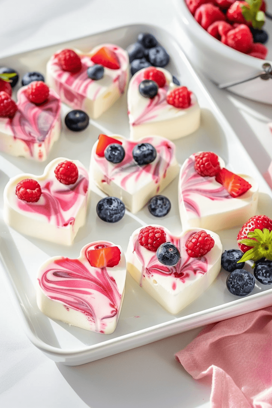 healthy-valentines-day-treats-frozen-yogurt-bark-hearts Healthy Valentine’s Day treats made with heart-shaped frozen yogurt bites topped with strawberries and berries