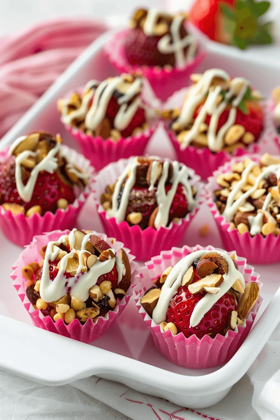 healthy-valentines-day-treats-fruit-nut-stuffed-strawberries Healthy Valentine’s Day treats made with strawberries stuffed with nuts and dried fruit and drizzled with white chocolate