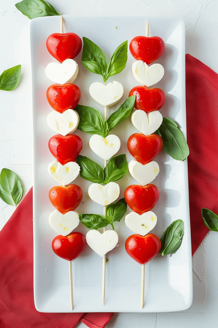 healthy-valentines-day-treats-heart-shaped-caprese-skewers Healthy Valentine’s Day treats made with heart-shaped caprese skewers using mozzarella, cherry tomatoes, and basil
