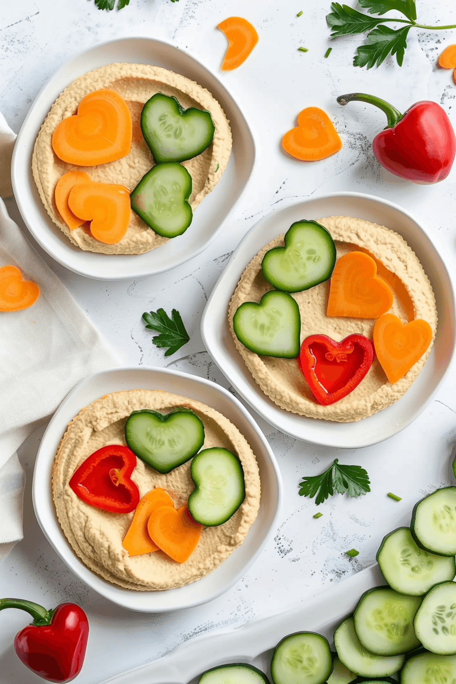 healthy-valentines-day-treats-heart-shaped-veggies-hummus Healthy Valentine’s Day treats made with heart-shaped vegetables and hummus on divided snack plates