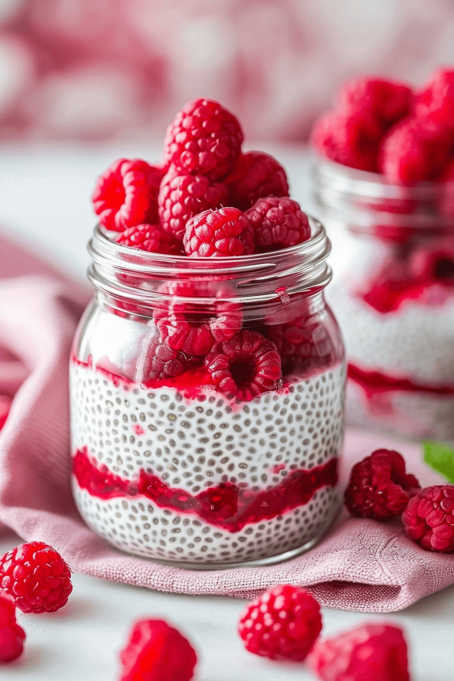 healthy-valentines-day-treats-raspberry-chia-pudding Healthy Valentine’s Day treats made with raspberry chia pudding layered in glass jars and topped with fresh raspberries