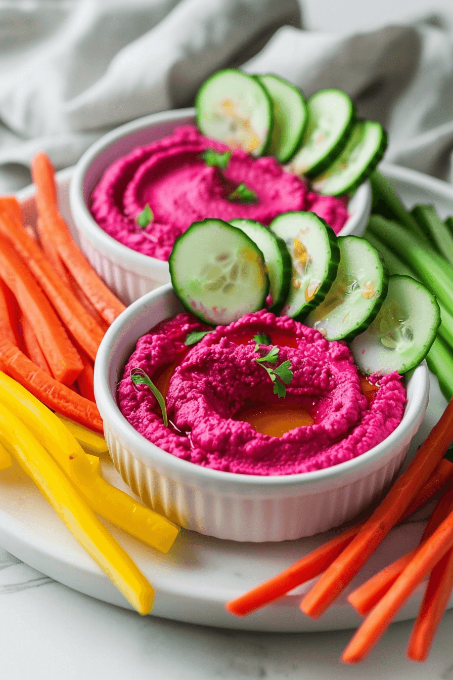healthy-valentines-day-treats-red-beet-hummus-veggie-cups Healthy Valentine’s Day treats made with red beet hummus served with colorful vegetable sticks
