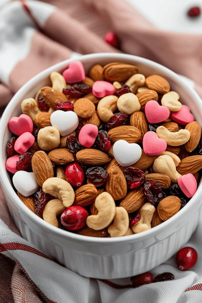 25 Easy Healthy Valentine’s Day Treats Everyone Will Love 2 Healthy Valentine’s Day treats made with Valentine trail mix including nuts, dried berries, and heart-shaped candies