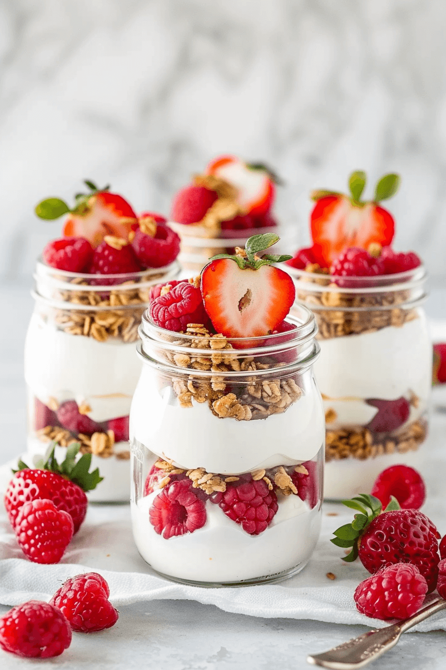 healthy-valentines-day-treats-yogurt-berry-parfaits Healthy Valentine’s Day treats made with Greek yogurt berry parfaits layered with strawberries, raspberries, and granola