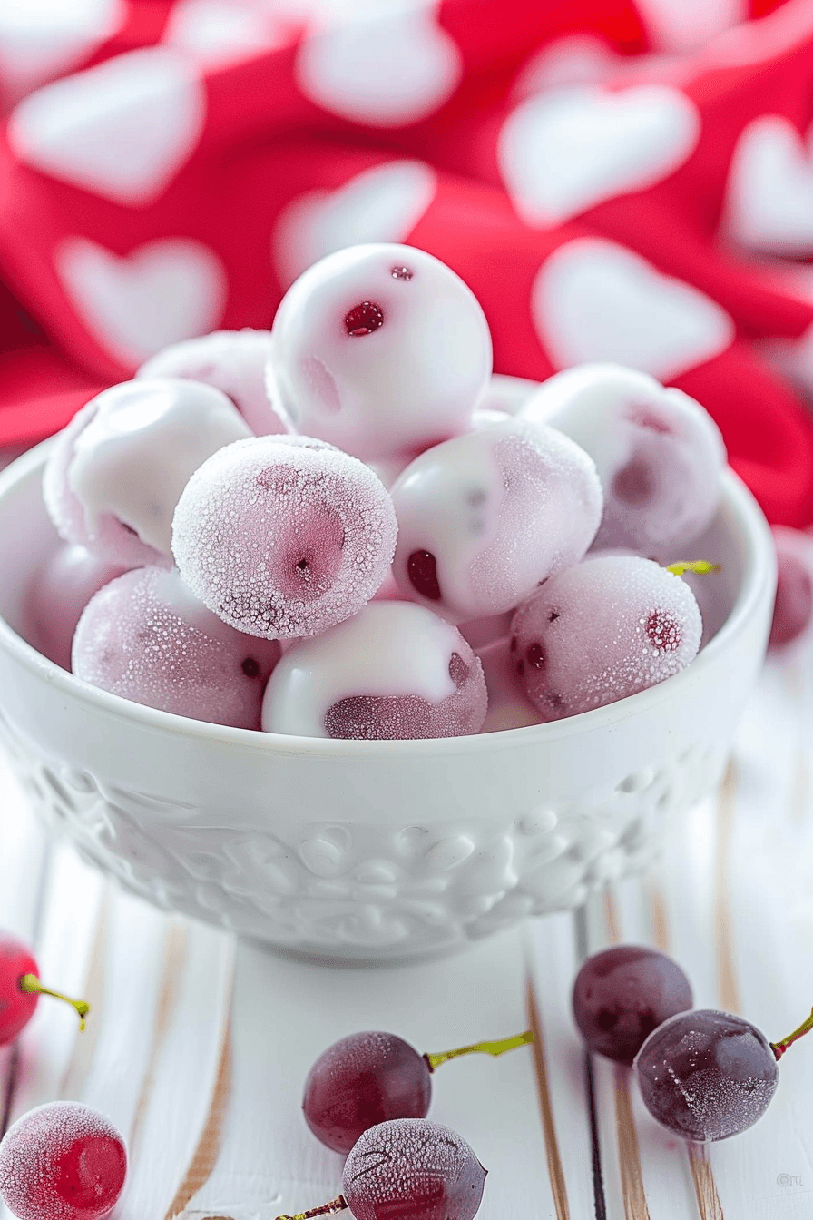 healthy-valentines-day-treats-yogurt-covered-frozen-grapes Healthy Valentine’s Day treats made with yogurt-covered frozen grapes in a small white bowl