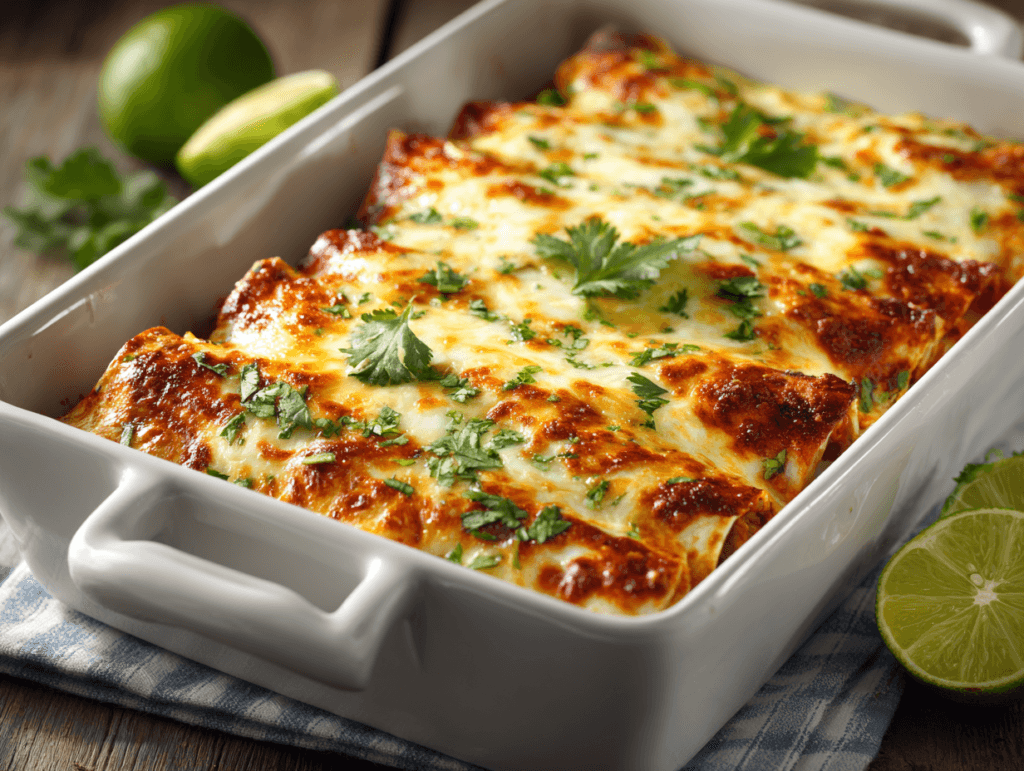 High-Protein Chicken Enchilada Bake sliced in a casserole dish