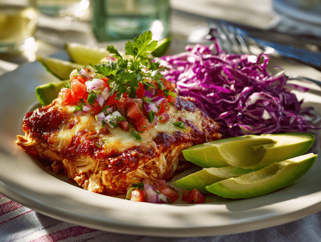 High-Protein Chicken Enchilada Bake served with slaw and avocado