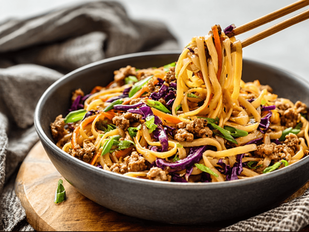 High-Protein Potsticker Noodle Bowl: 25-Min Terrific No-Takeout Win 2 High-Protein Potsticker Noodle Bowl with lean pork, cabbage, and scallions in a ceramic bowl