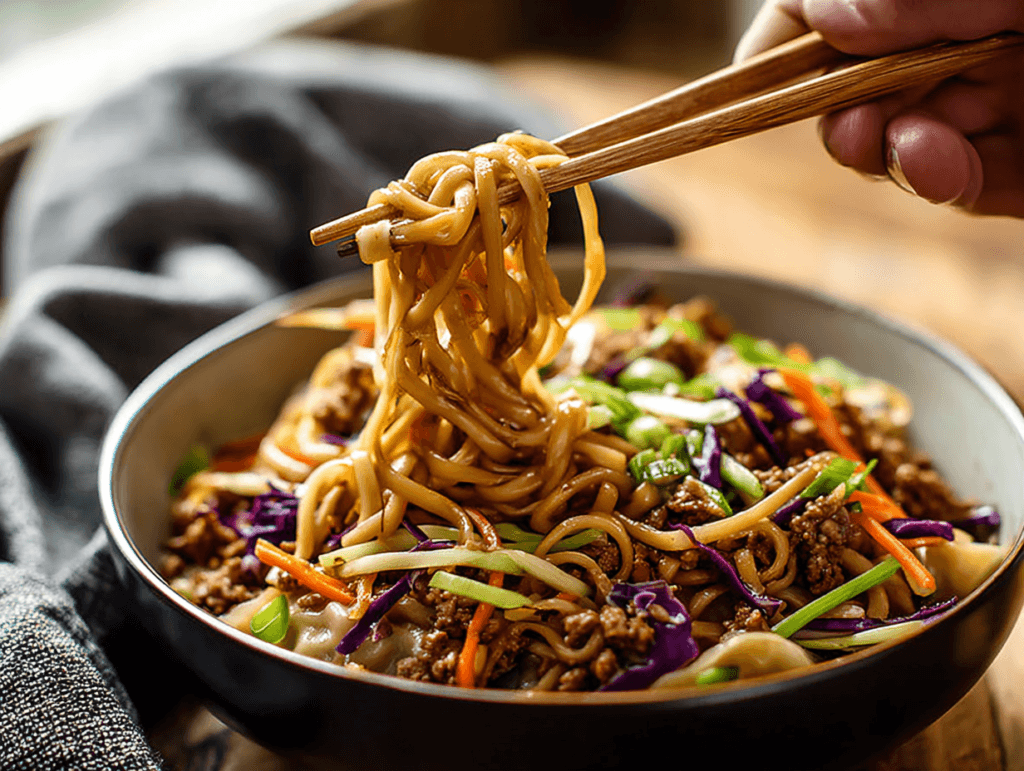 High-Protein Potsticker Noodle Bowl: 25-Min Terrific No-Takeout Win 3 High-Protein Potsticker Noodle Bowl with lean pork as chopsticks lift noodles from the bowl