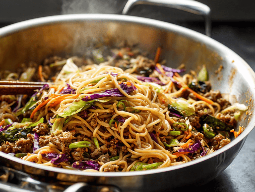 High-Protein Potsticker Noodle Bowl with lean pork, noodles, and cabbage in a skillet