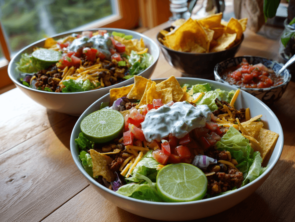 High-Protein Taco Salad Bowls with turkey and Greek yogurt sauce