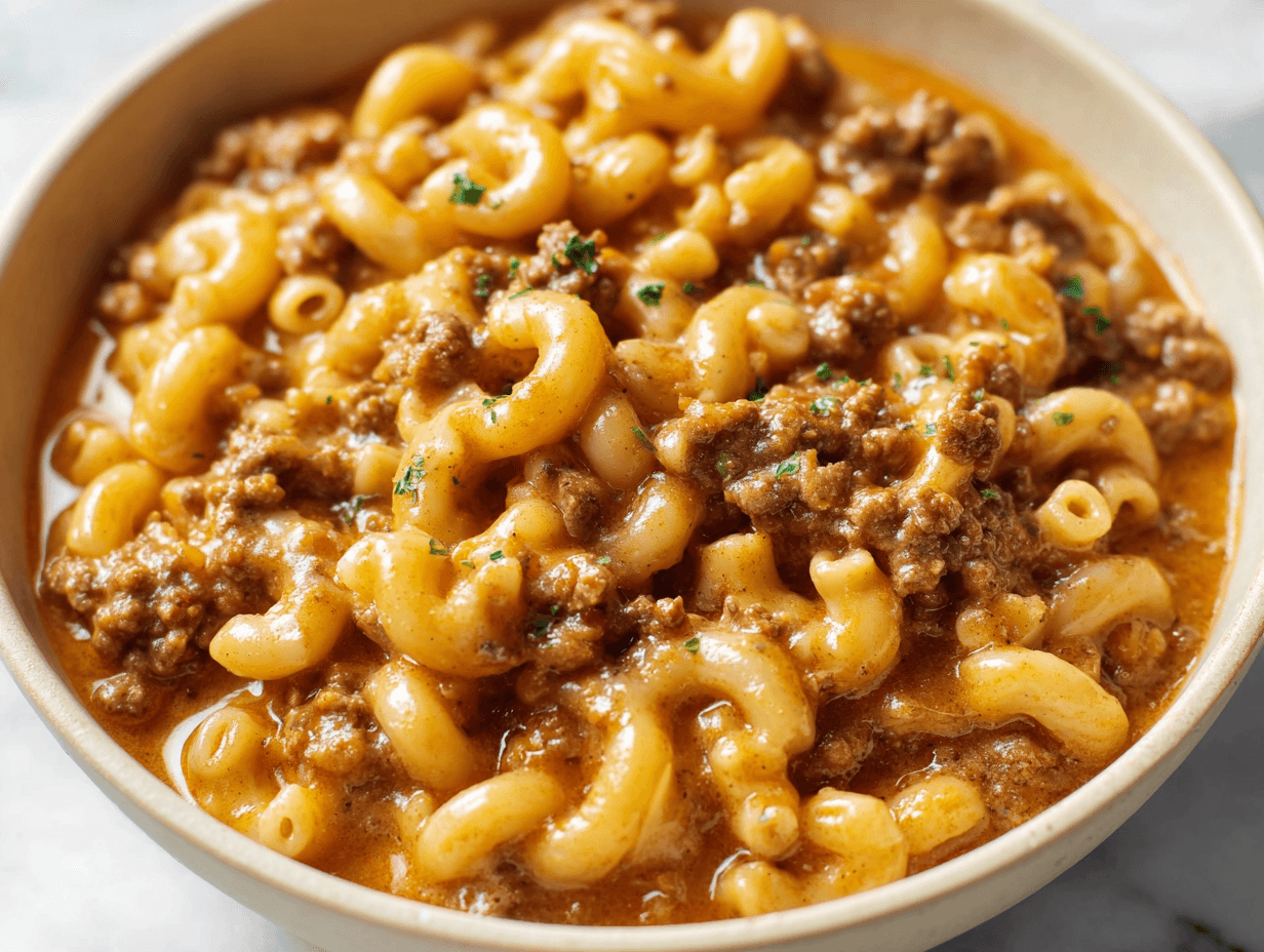 Homemade Hamburger Helper in a bowl with cheddar sauce