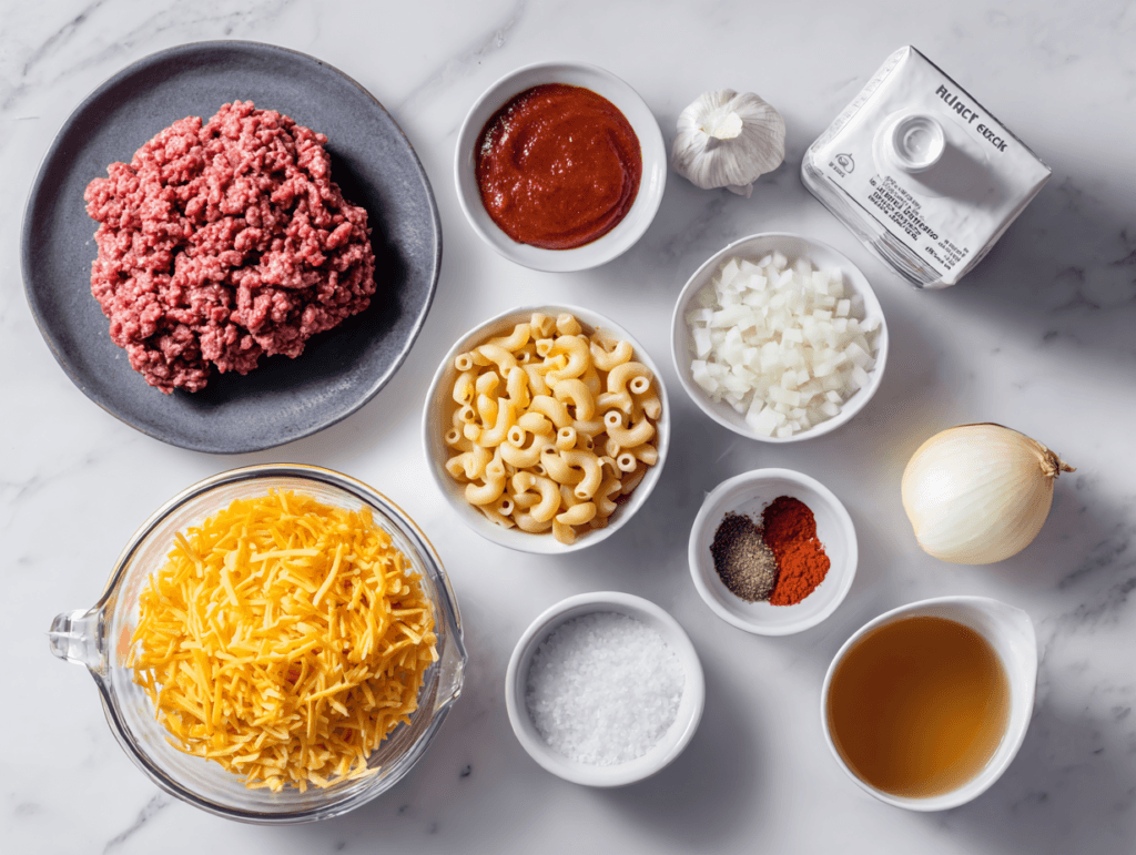 Ingredients for Homemade Hamburger Helper on a counter