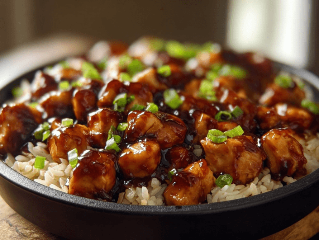 Honey BBQ Chicken and Rice bowl with glazed chicken and green onions
