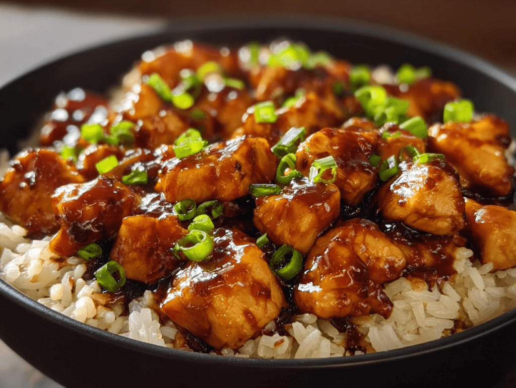 Honey BBQ Chicken and Rice with glazed chicken bites and green onions