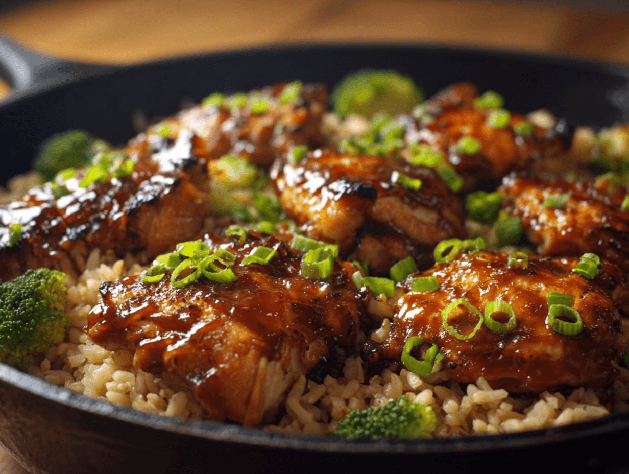 Honey BBQ Chicken and Rice in a one-skillet with glazed chicken
