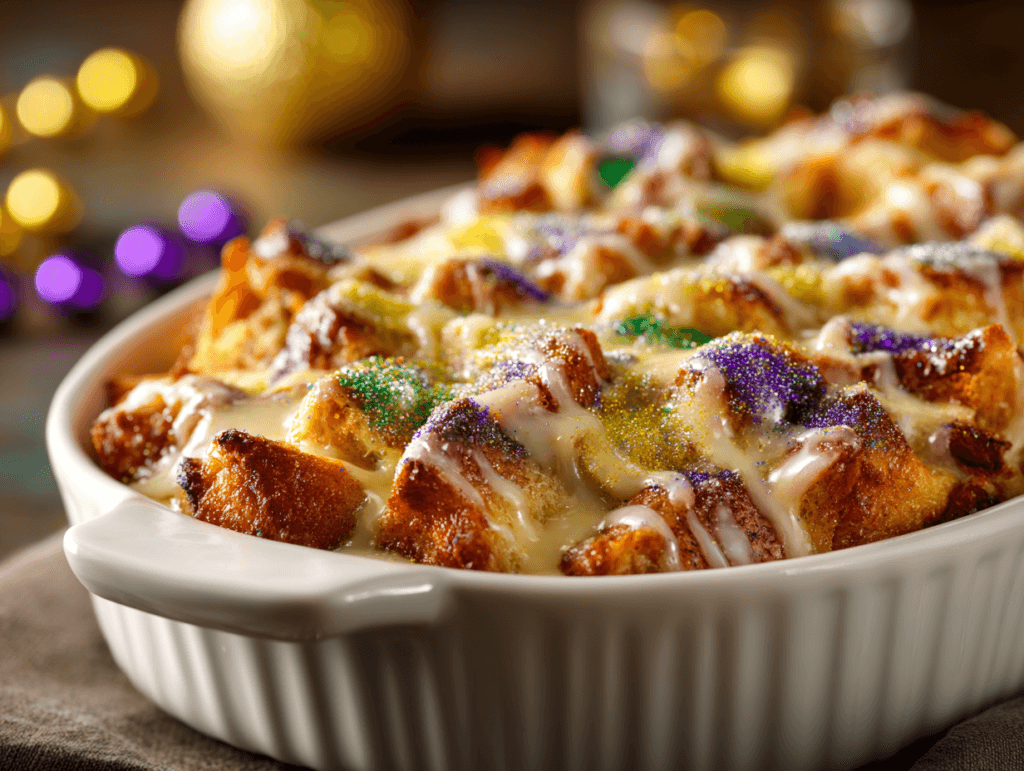 King Cake Bread Pudding with vanilla glaze and Mardi Gras sugar