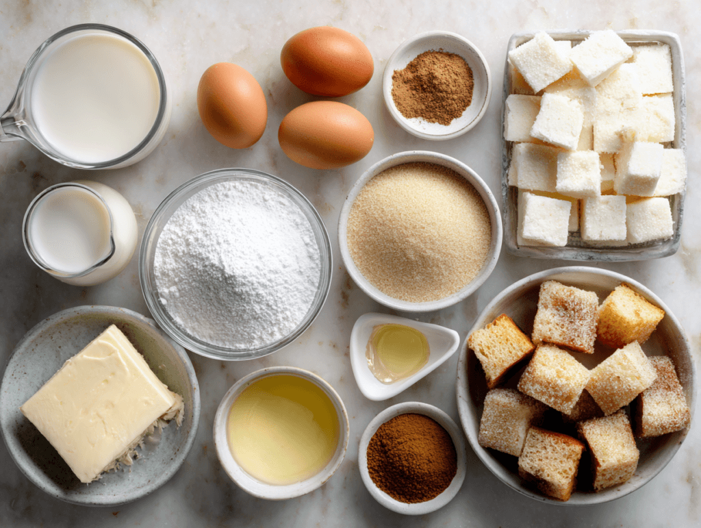 King Cake Bread Pudding That Brings Big Mardi Gras Joy 2 Ingredients for King Cake Bread Pudding on a countertop