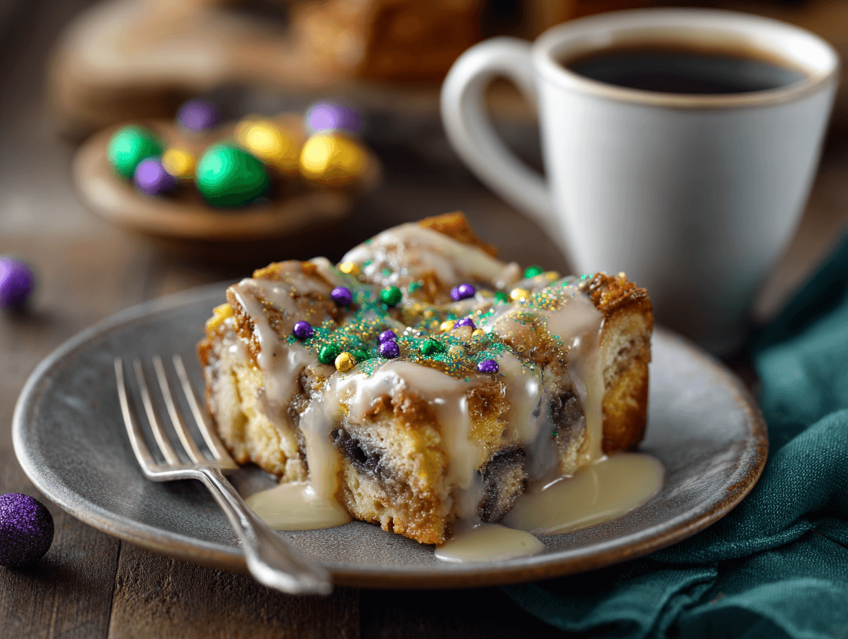King Cake Bread Pudding That Brings Big Mardi Gras Joy 4 Served King Cake Bread Pudding slice with glaze