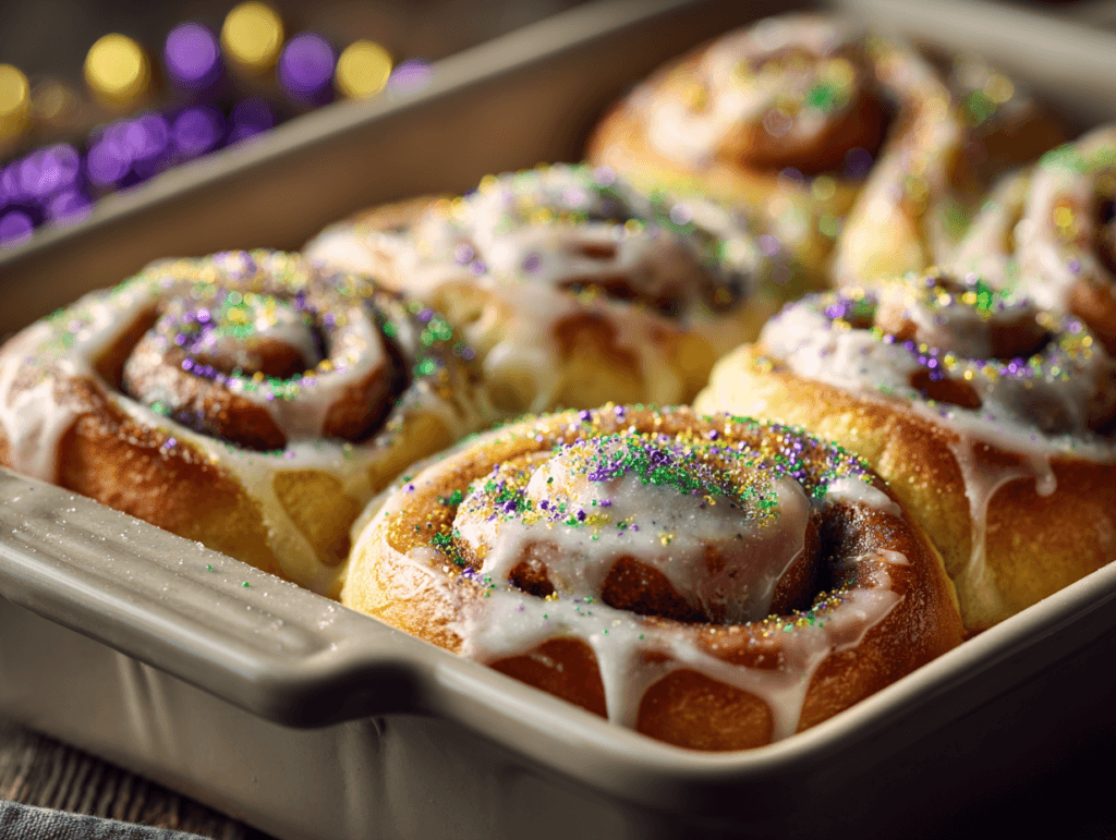 King Cake Cinnamon Rolls with cream cheese glaze and Mardi Gras sugar