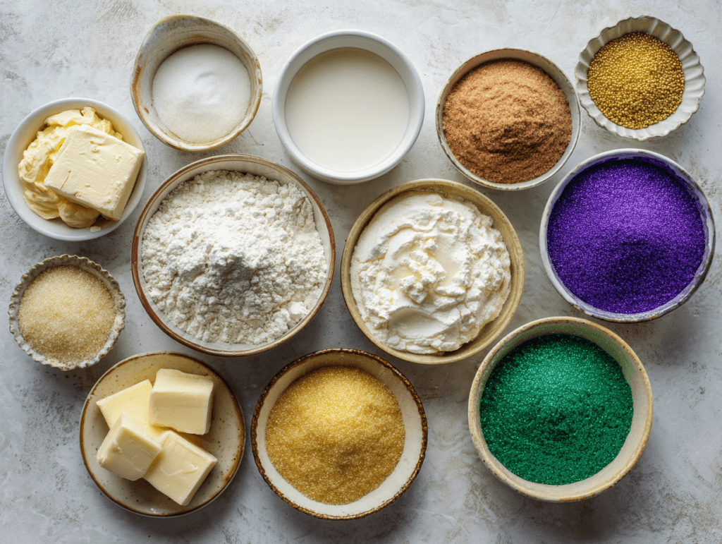 Ingredients for King Cake Cinnamon Rolls measured on a counter
