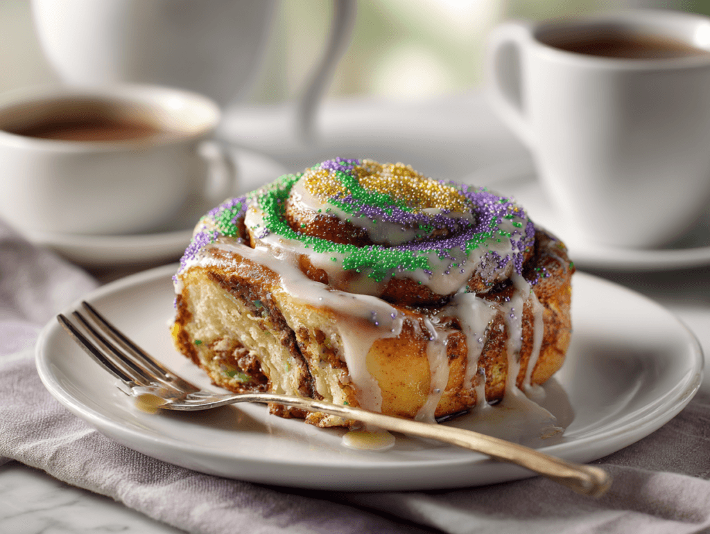 Serving King Cake Cinnamon Rolls warm for Mardi Gras brunch