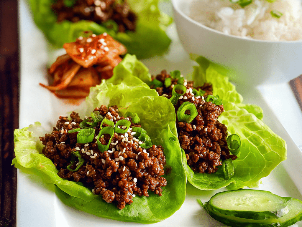 Korean Beef Lettuce Wraps plated with toppings