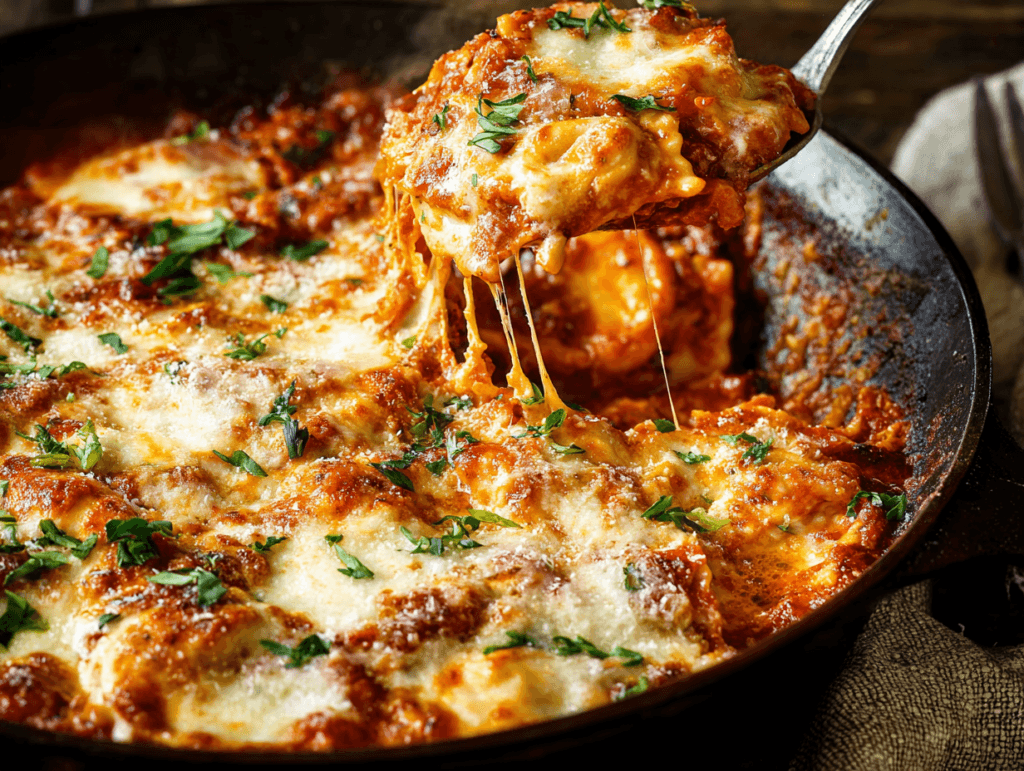 Lazy Lasagna Skillet Ravioli Bake with melted mozzarella and rich marinara in cast iron skillet