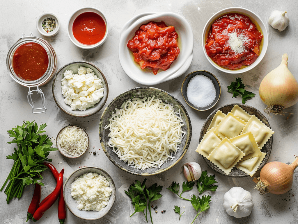 Ingredients for Lazy Lasagna Skillet Ravioli Bake including ravioli, marinara, mozzarella, parmesan, cottage cheese, and ground turkey