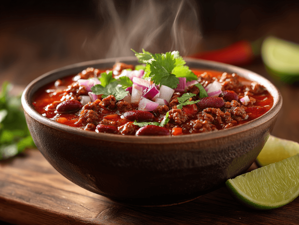 Lean Beef Chili in a bowl with toppings