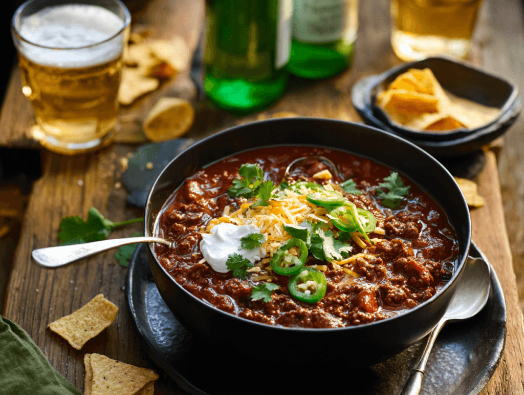 Serving Lean Beef Chili with avocado and yogurt