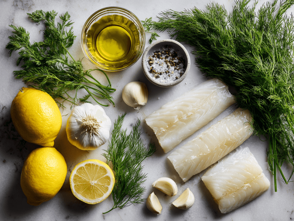 Lemon Dill Baked Cod – Fresh, Simple & Delicious Dinner 2 Ingredients for Lemon Dill Baked Cod with fresh dill and lemons