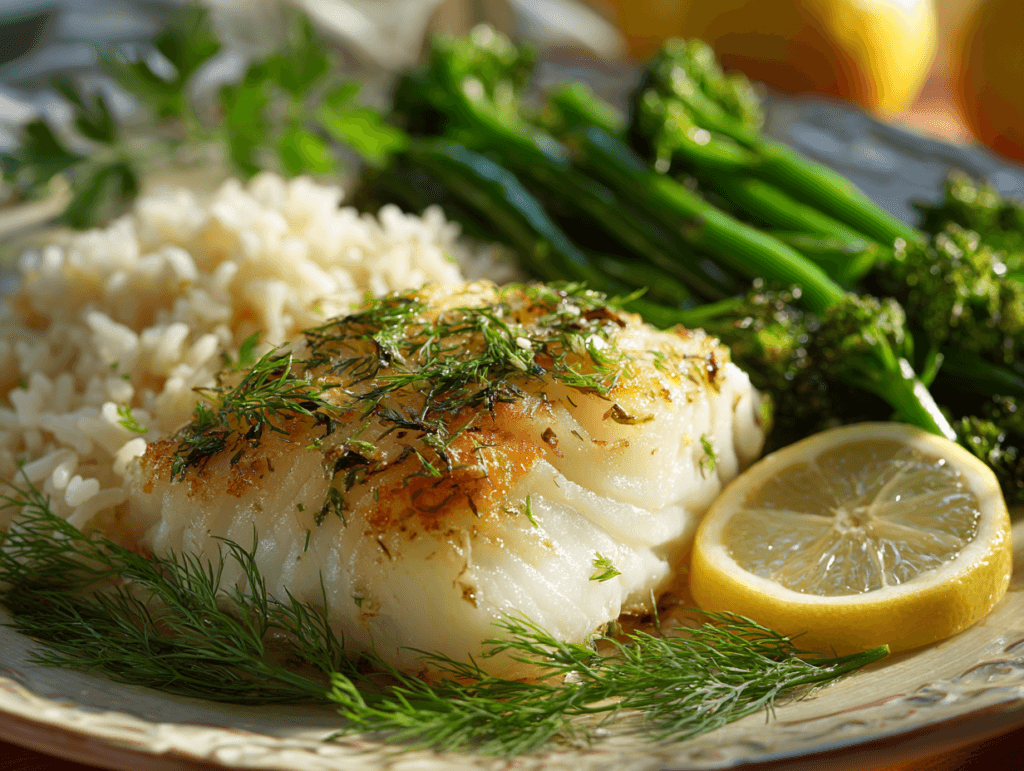 Lemon Dill Baked Cod – Fresh, Simple & Delicious Dinner 3 Lemon Dill Baked Cod served with rice and vegetables