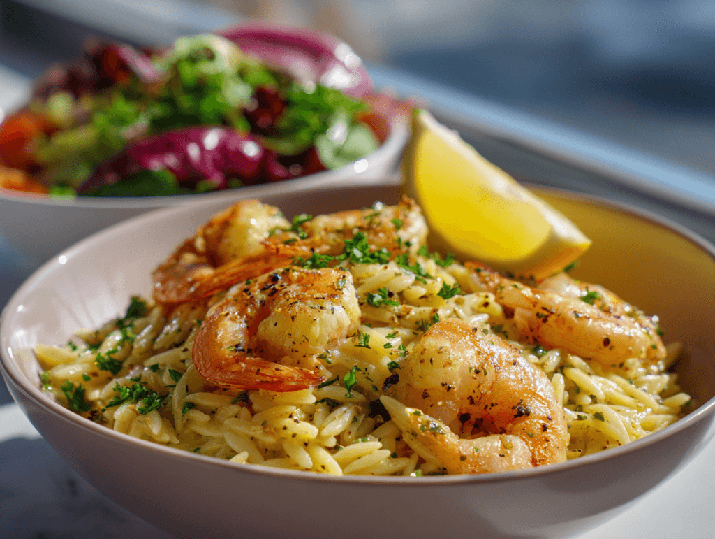 Served Lemon Pepper Shrimp Orzo with shrimp orzo and easy shrimp dinner