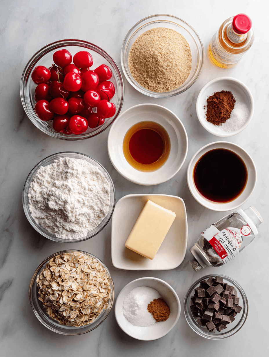 Ingredients for maraschino cherry cookies including cherries and white chocolate