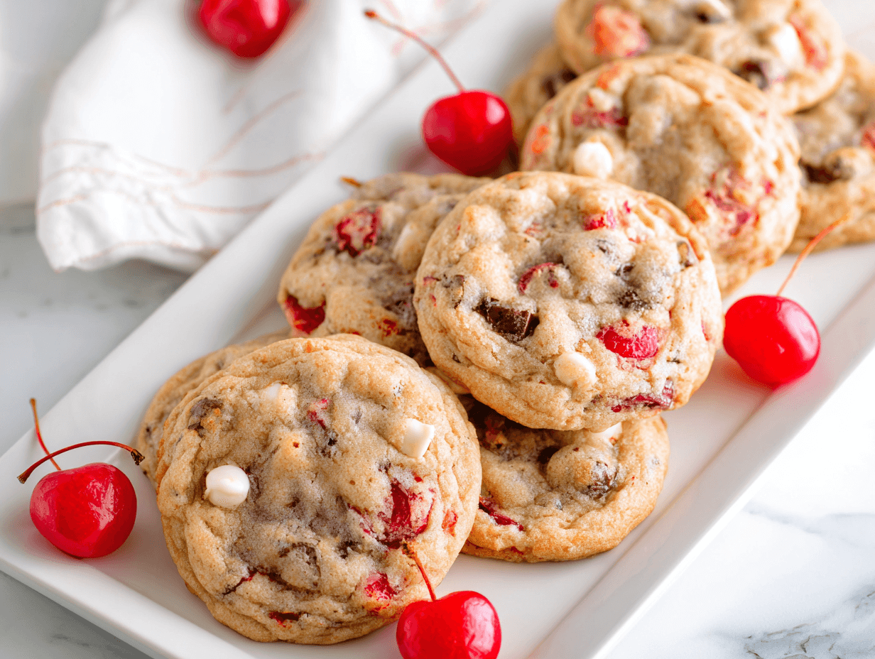 Maraschino cherry cookies with white chocolate chips on a serving plate