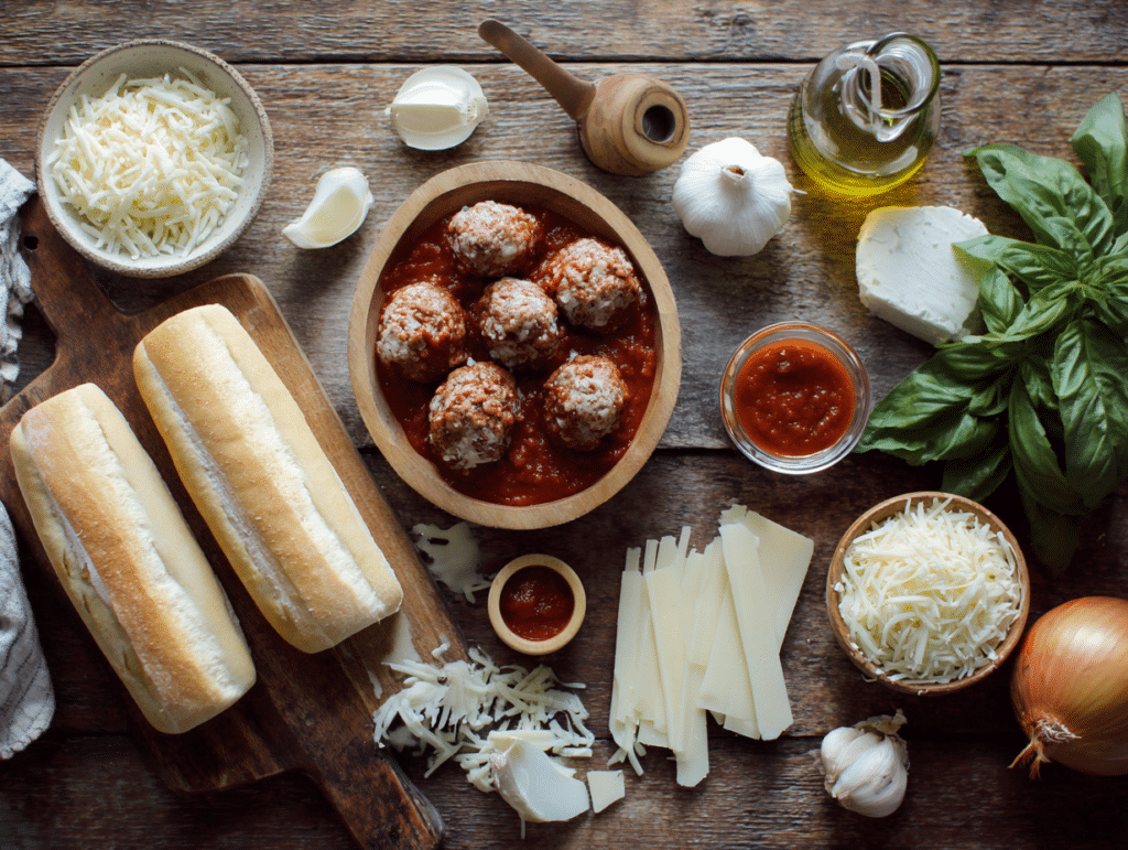 Meatball Sub Bake: Cozy, Cheesy, No-Fuss Dinner Win 2 Ingredients for Meatball Sub Bake including rolls, meatballs, sauce, and cheese